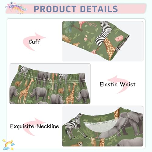 Pajama Sets Long Sleeve African Animals on Green Background Soft Comfy Sleepwear 2 Piece PJS 3-8T4