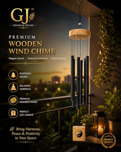 Image of GJ Premium Wooden Wind Chimes for Home & Office | 7 Pipe Metal Rod Wind Chimes with Wooden Top 16-24 CM Tubes | Soothing Sound, Positive Energy for Balcony, Entrance & Garden (Black1)