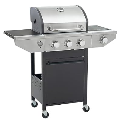 3-Burner Outdoor Propane Gas Grill with Side Burner, Cast Iron Cooking Grates, Propane Grill with Enclosed Storage, Portable BBQ Grill for Patio, Backyard, Deck, 37,150 BTU (3 Burner with Side Burner)