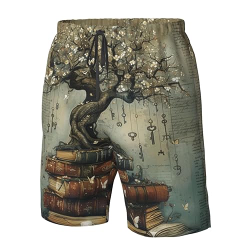Men's Quick Dry Swim Shorts Tree and Ancient Books Magic Fantasy Vintage Beach Trunks with Pockets4