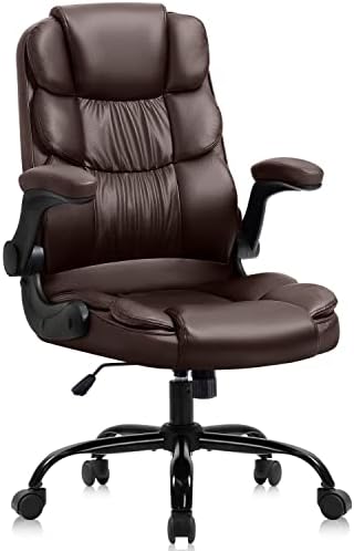 YAMASORO Executive Office Chair,Ergonomic Chair with Lumbar Support,Comfortable Computer Desk Chairs Flip up Arms and Wheels Swivel Task Chair, Brown