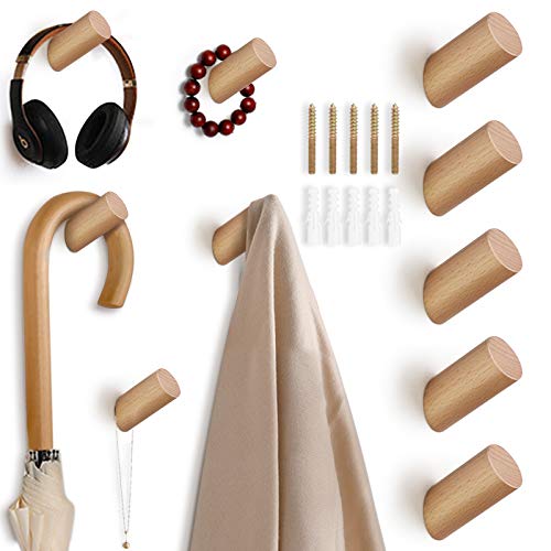 Patère Bois, Patere Murale 5 pièces, Crochet Mural pour Vêtements Écharpe Chapeau et Sac de Rangement Cintres Serviette de Décoration de Chambre à Coucher, Diamètre 30 mm.