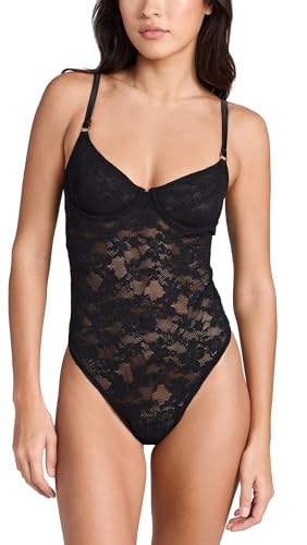 Fleur du Mal Women's Le Stretch Multifit Lace Thong Bodysuit, Black, XL