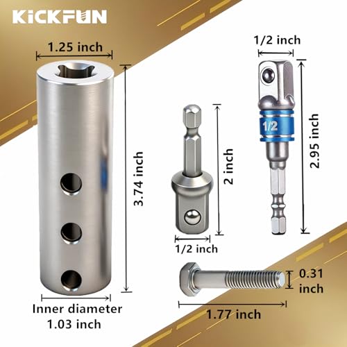 Image of Trailer Jack Drill Adapter for 1 Inch Jack Drive Shafts, Stainless Steel Trailer Jack Adapter Kit with 2 Pcs 1 /2 inch Drive Socket, Fits RV Camper Dump Truck Trailer Jacks (Silver)
