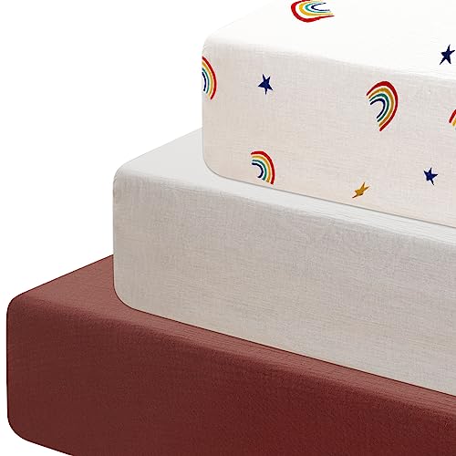 Image of Kinlop 3 Pack Muslin Fitted Crib Sheets for Girls and Boys Cotton Boho Neutral Baby Crib Soft Sheets Baby Bed Sheets Breathable Muslin Bassinet Sheet for Standard Crib and Toddler Mattress