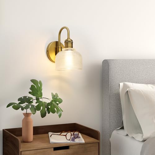 Image of Yosoan Brass Gold Vintage Wall Sconce with Striped Shade, 1-Light Modern Vanity Light Industrial Single Wall Mounted Hardwired Bowl Texture Glass Shade for Living Room Bedroom Kitchen Hallway(Antique)
