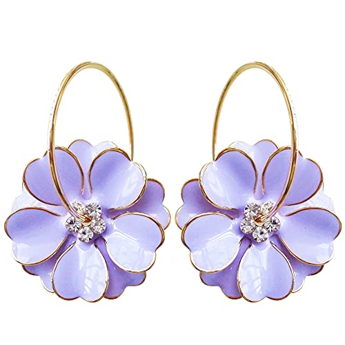 Navachi 18k Gold Plated Purple Enamel Flower Crystal Az2431e Hoop Earrings(dia. 3cm)