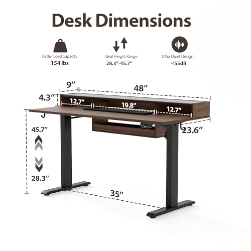Image of Agilestic Glass Standing Desk with Storage, 48 Inch Electric Adjustable Desk with Glass Shelf and Cable Management, Sit Stand Up Home Office Computer Table, Splice Board, Dark Walnut