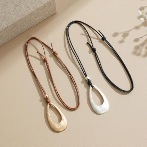 ESALIA Brushed Gold Plated Classic Teardrop Pendant Long Necklace for Women, Adjustable Length Brown Wax Cord Sweater Chain Fashion Jewelry Gifts (Brushed Gold+Blk Cord) — view 6