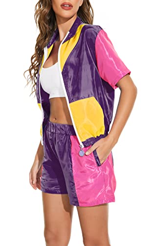 Yisfri Women's Color Block Windbreaker 2 Piece Outfits Short Sleeve Zip Front Elastic Waist Tracksuit Set (As1, Alpha, L, Regular, Regular, Purple) #TOP1