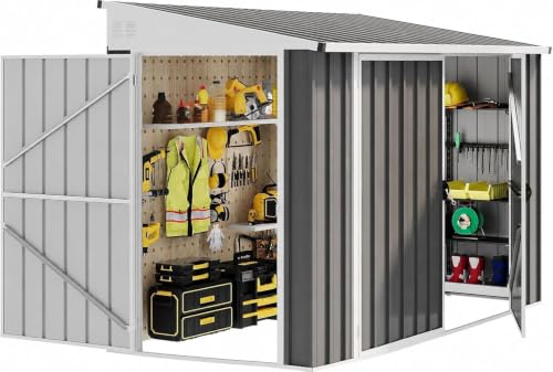 Image of DWVO 7x4ft Outdoor Storage Shed with 3 Lockable Doors | Weatherproof Metal Bike Shed, Garden Storage Solution for Lawn Equipment, Tools, Waste Bin, Dark Gray