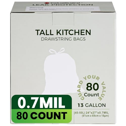 Large Trash Bag 13 Gallon Tall Drawstring 100% Post-Consumer Recycled Garbage Bag Waste Bag for Kitchen Office (80 Count, 0.7 Mil)