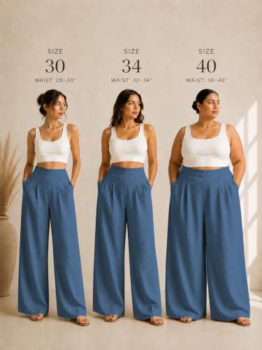 Image of Womanista Cotton Linen Flared Palazzo Pants for Woman | Wide Leg Casual Trousers with Pockets | Loose fit Plazo Pants for Women | High Waist Office wear (Available in Plus Sizes)