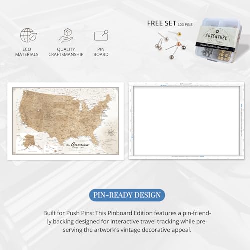 Image of IPIC - Vintage US Map for Travel, Pin Board Canvas Wall Art, Travel Map with Pins Included, Ready to Hang for Home or Office, 24x16 Inch