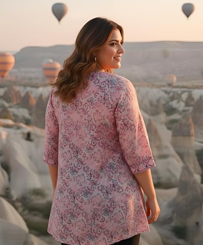 Image of Yash Gallery Women's Polyester Relaxed Fit Short Floral Placet 3 /4 Sleeve and Keyhole Neck Printed Kurti