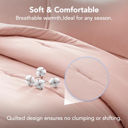 Image of Queen Comforter Set Prewashed Lightweight Quilted Bedding for All Season | 3PCS Blush Pink Breathable Down Alternative Bedding Set with 1 Solid Comforter (90 inchx90 inch) and 2 Soft Pillowcases
