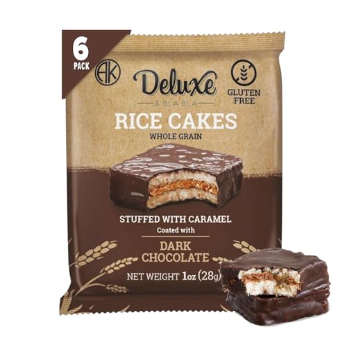 Deluxe & Bla Bla Stuffed Rice Cakes - Whole Grain Chocolate Rice Cake,Gluten Free,Low Calorie,(Alfajor) Kosher Certified - Caramel Filled Rice Cakes coated with Dark Chocolate, 28g Each (6 Pack)