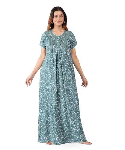 BellaMora Nighty| Nighty for Women Stylish| Alpine Nighty for Women| Night Gown for Women Stylish| Artisanal Embroidery Work| Lightweight & Breathable Alpine Fabric| Teal Blue