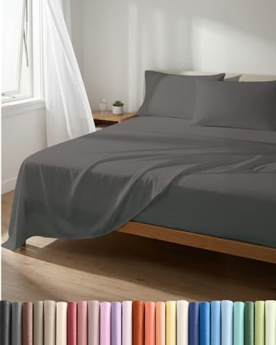 Image of Lightweight 4 Piece Bed Sheet Set King Size - Cooling Sheets for Hot Sleepers - Soft Breathable Bedding Set w / 8-16 Inch Deep Pockets - 1 Flat, 1 Fitted & 2 Pillowcases - Wrinkle Resistant - Dark Grey
