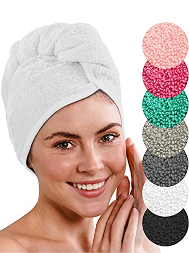 LAYNENBURG Toalla Turbante de Lujo con botón - 100% algodón - 4 elásticos de Pelo Gratis - para Pelo Corto y Largo - Turbante de Secado rápido y Absorbente (Blanco)