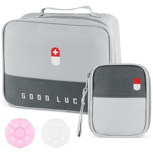 MIHURO Medikamententasche 2 Stück Reiseapotheke Tasche mit 2 Tablettenbox Medikament Tasche Feuchtigkeitsbeständig Medizin Aufbewahrungstasche Medizintasche für Schule Reisen Camping und Wandern(L+S)