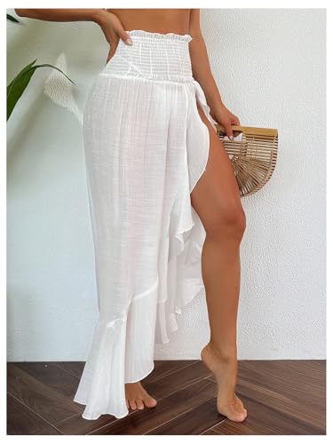 SweatyRocks Women's Sheer High Slit Ruffle Trim Bathing Suit Beach Cover up Skirt4