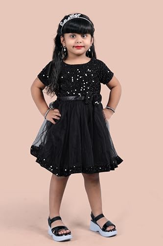 Image of Charming Girls' Kids Velvet & Net Frock with Knee-Length Short Sleeve A-line Round Neck Fit and Flare and Back Zipper Closure|Kids Dress for Baby Girls Birthday Outfit
