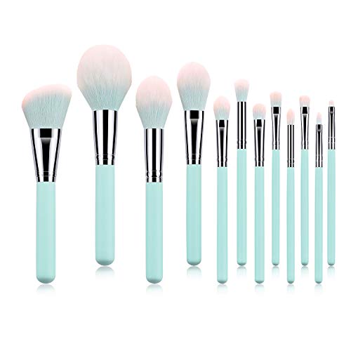 Makeup Brushes Set 12 Pieces Professional Cosmetic Makeup Brush Kit with Wooden Handle Synthetic Bristle for Face Powder Foundation Blending Eye Shadow Concealer Makeup Brush Bag (Light Blue)