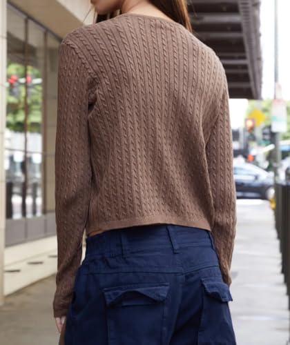 Image of Cioatin Women Cute Button Down Open Front Cable Knit Y2K Crop Sweater Cardigan Long Sleeve Pullover Fall Preppy Outfits 2025 Brown