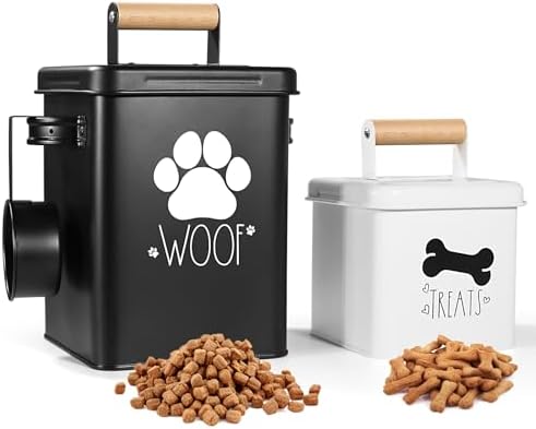 Dog Food Storage Container, Dog Food Container Set of 2 with Metal Lids, Dog Treat Container for kitchen Counter, Pet Treat Container, Pet Food Storage Containers – Metal Hanging Spoon