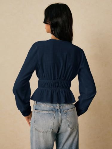 Image of Shasmi Women's Solid Deep V Neck Cotton Long Bishop Sleeve Drawstring Waist Ruffle Hem Peplum Top | Blouse | Casual Boho Cottagecore Shirt for Office, Vacation & Daily (Top 304)