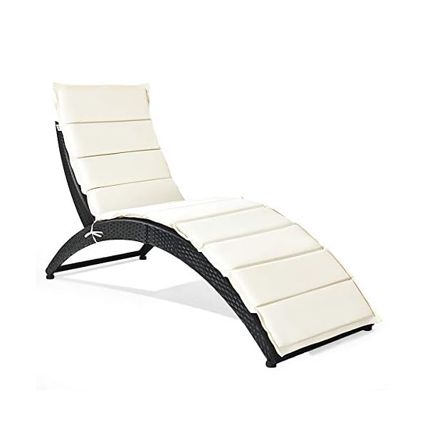 Tangkula foldable patio lounge chair outdoor rattan lounger chaise portable patio chaise with cushion all weather wicker furniture for garden lawn balcony backyard poolside 1 beige  urban country home decor