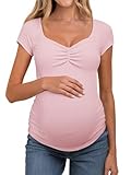 Tankaneo Womens V Neck Maternity Tops Cap Sleeve Fitted Breastfeeding T Shirts Summer Pleated Pregnancy Clothes Pink