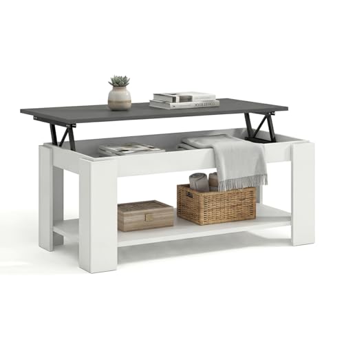duehome | Mesa de Centro Elevable, Mesa Auxiliar, Modelo LYA, Acabado en Color Blanco Artik y Gris Grafito, Medidas: 102 cm (Largo) x 50 cm (Ancho) x 43-54 cm (Alto)