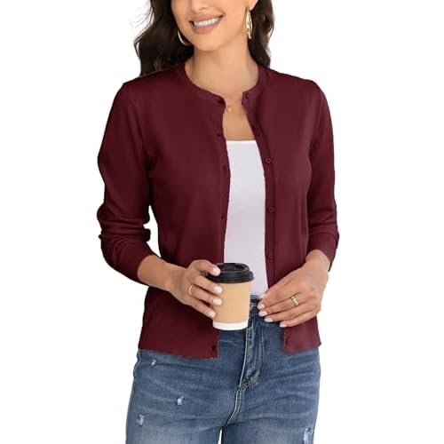 Women's Crew Neck Button Down Long Sleeve Cardigan for Women Classic Soft Knit Ladies Cardigan Sweater Coat Small Wine Red