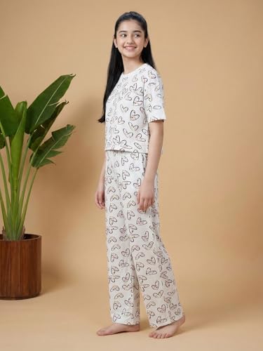 Image of Li'l Tomatoes Girls Cotton Night Suit Set | 100% Cotton Summer Co-Ord Set | Half Sleeve T-Shirt & Full Length Pajama | Soft & Breathable Printed Clothing Set | 9-16 Years