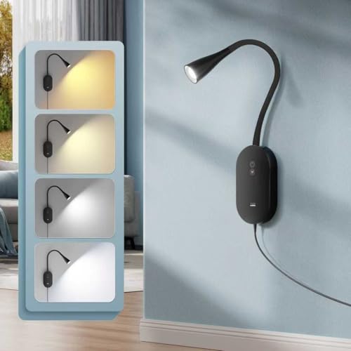 Image of deeloop LED Wall Mount Reading Lamp, CRI 95+ Wall Sconce Light with 10W USB Output,4 Color 5 Dimming Touch Control Wall Lamps with 4 Hours Auto-Off Bed Lighting Spotlight Black