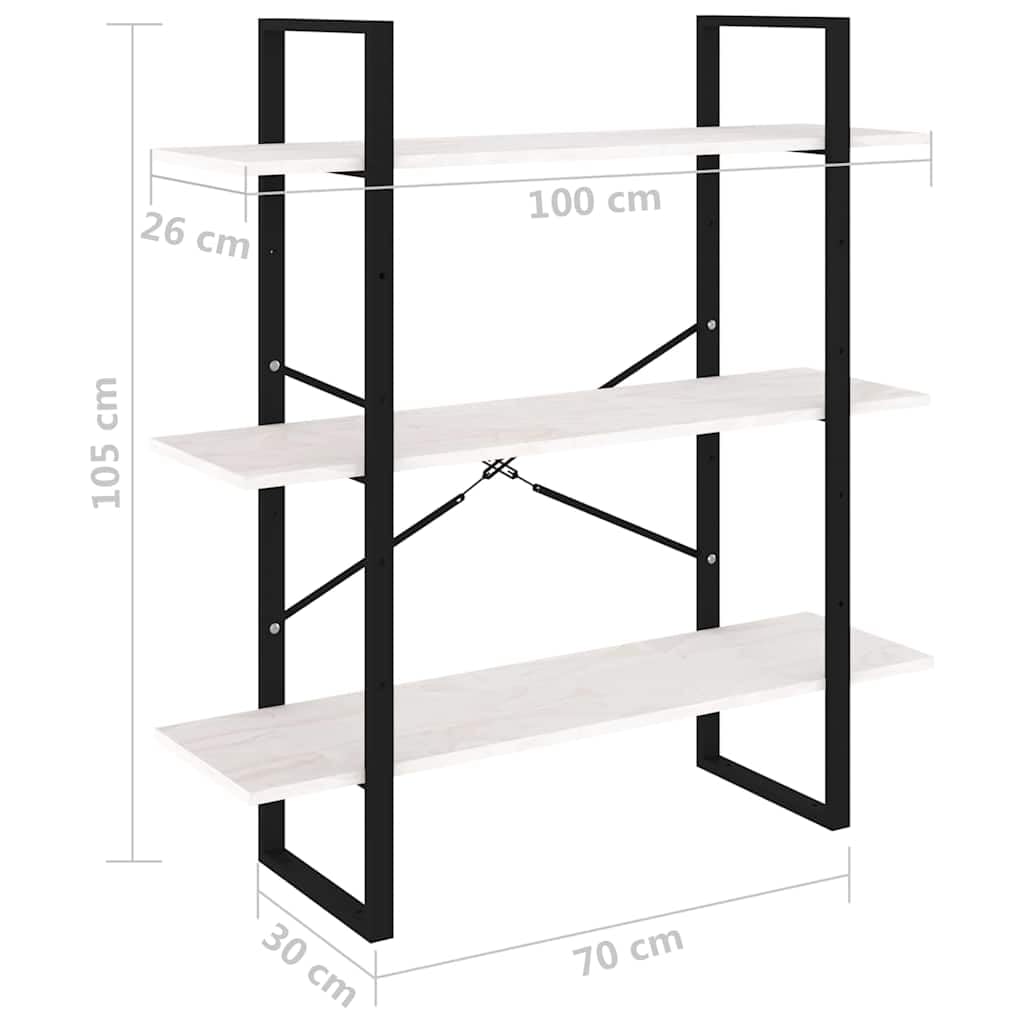 Bücherregal aus Massivholz Kiefer Weiß 100x30x105 cm, 3 Böden Standregal für Wohnzimmer, industrielles Design, robust und langlebig, einfache Reinigung mit feuchtem Tuch