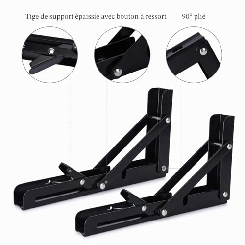 Beinhome 2PCS Support d' Étagères Pliable 200mm Équerre Pliante Étagère Murale Support Pliante Robuste Noir Support Console Pliable pour Table Etagere Murale 50KG Porteur – vue 5
