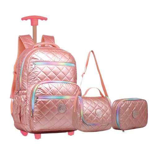 Kit Mochila de Rodinhas, Bolsa com Alça e Bolsa sem Alça, Rosa Metalizado