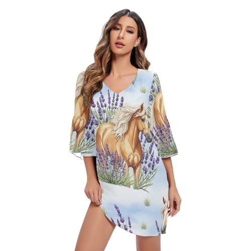 Robe d'été lavande à motifs chevaux blancs et col en V