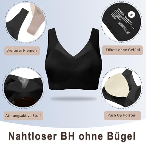 Jiuday Nahtloser BH ohne Bügel Große Brüste Starker Halt Spitze Sport BH Bustier Damen Gepolstert Soft Comfit Bügelloser Push Up BHS Haltungskorrektur Bra Seamless Bralette (Schwarz,XL)