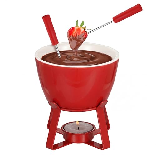 BSTKEY Juego de calentador de mantequilla de cerámica para fondue de queso con 2 tenedores, 320 ml, olla redonda pequeña de chocolate y caramelo, juego de fondue de leche, calentador de velas de té