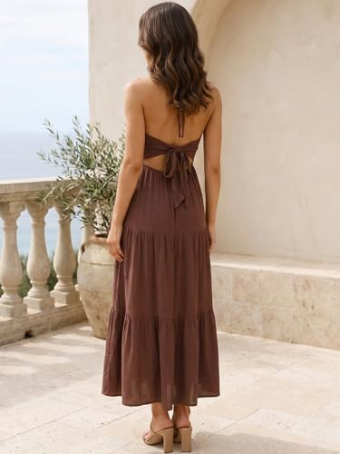 Image of Women's Casual Halter Tiered Vacation Maxi Dress with Pockets