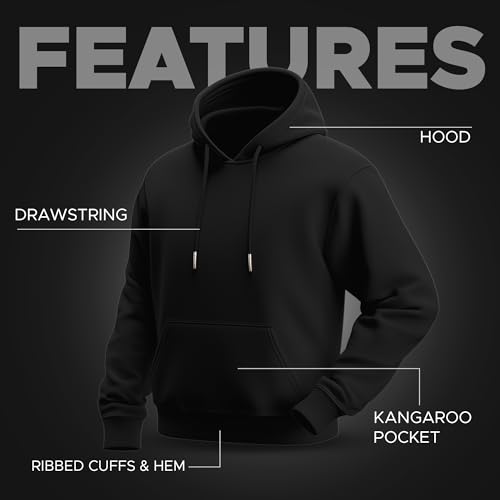 Unisex Pullover Hoodie – Soft Cotton Blend Fleece Sweatshirt for Men & Women, Warm Cozy Hoodie for Everyday Casual Wear (US, Alpha, Large, Regular, Regular, Black)