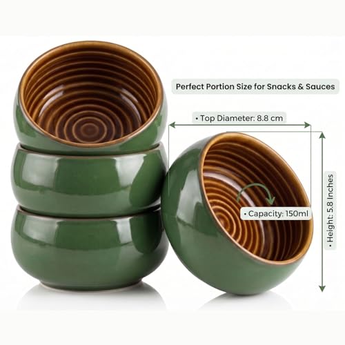 Image of Freakway Ceramic Round Serving Bowls, Green Glaze, Set of 4, 150 ML, Microwave and Dishwasher Safe