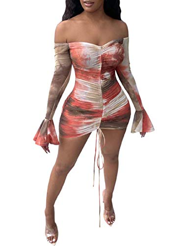 Ekaliy Womens Sexy See Through Bodycon Dress Off The Shoulder Tight Dress Bell Sleeve Short Mesh Dress Ruched Bandage Dresses Partywear Tie Dye Red L