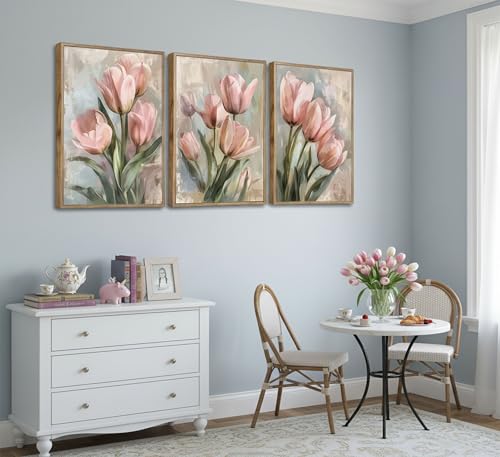 Image of 3 Pcs Vintage Pink Tulips Flowers Canvas Wall Art Retro Spring Pink and Green Floral Botanical Paintings Pictures Wall Decor Poster Print Artwork for Living Room Bedroom Home Decoration Unframed