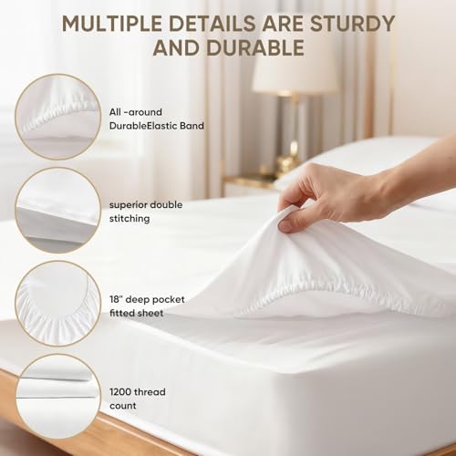 Image of TWK 1200 Thread Count 100% Egyptian Cotton Sheets Bed Set,Thickness,Long-Lasting Durability,Resists Pilling,Deep Pocket Up to 18 inch,with a Laundry Bag (White, King)