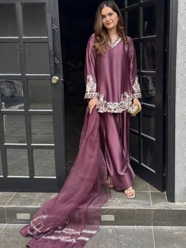 Image of Durwa wondermart Women Silk Crepe Embroidery Work full sleeve v neck with Patiala Gharara with net fabric dupatta set for women